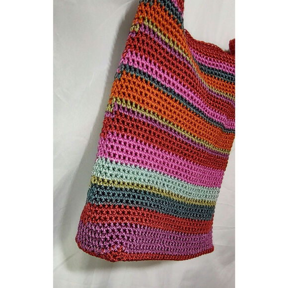 Liz Claiborne - Red & Pink Multi-Color Stripe Crochet Shoulder Bag, Boho Purse - Picture 4 of 11
